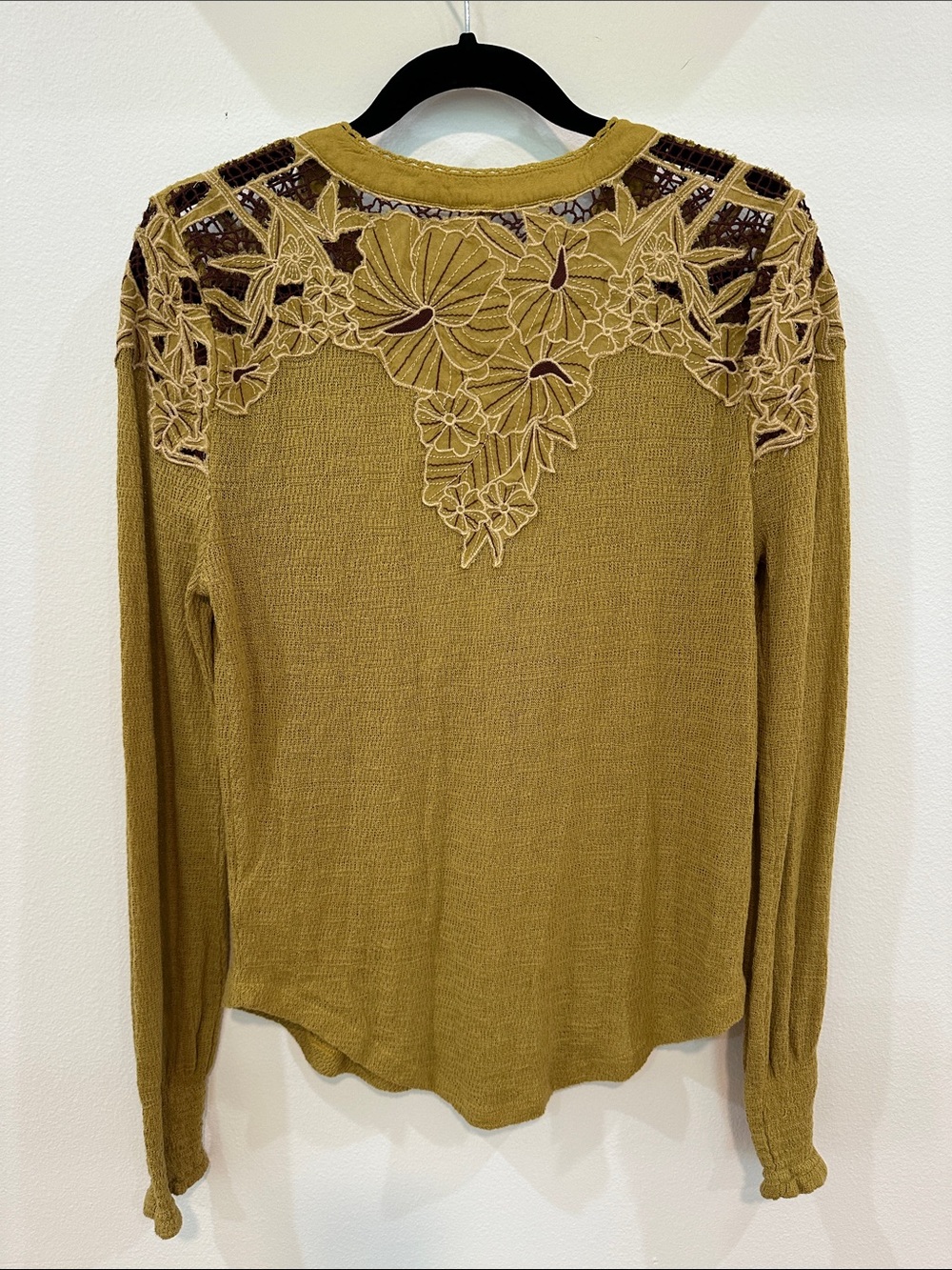 Free People Reed Green Lace Yoke Henley Top - Picture 7 of 8